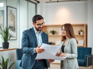 Comprador diversificado e consultor imobiliário em escritório moderno discutindo a compra de imóvel em São Pedro da Aldeia.