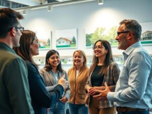 Grupo diverso discutindo a compra de imóvel em escritório moderno, representando passos para aquisição de imóvel em São Pedro da Aldeia.