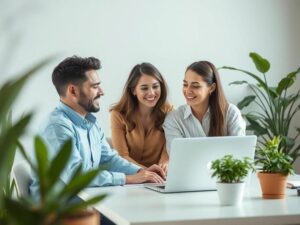 Casal diverso pesquisando imóveis em escritório moderno, com laptop e plantas, simbolizando o sonho da casa própria em São Pedro da Aldeia.
