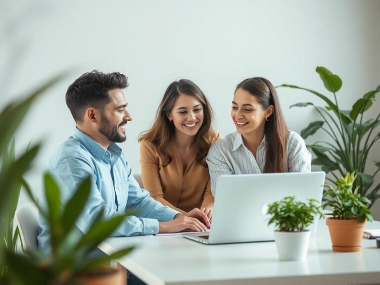 Casal diverso pesquisando imóveis em escritório moderno, com laptop e plantas, simbolizando o sonho da casa própria em São Pedro da Aldeia.