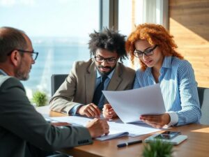 Casal de diferentes etnias analisando documentos de compra de imóvel em um escritório com vista para o mar.