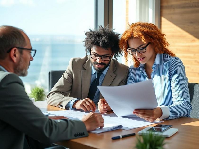 Casal de diferentes etnias analisando documentos de compra de imóvel em um escritório com vista para o mar.