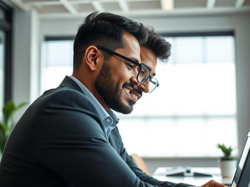 Consultor imobiliário auxiliando jovem casal na compra de imóvel, em escritório moderno.