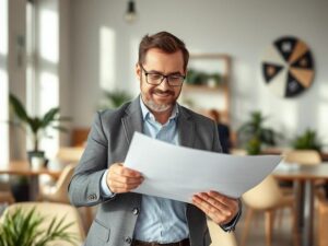 Cidadão diverso avaliando documentos de compra de imóvel com corretor em escritório moderno.