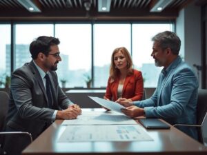 Casal diversificado revisando documentação para compra de imóvel em escritório moderno.