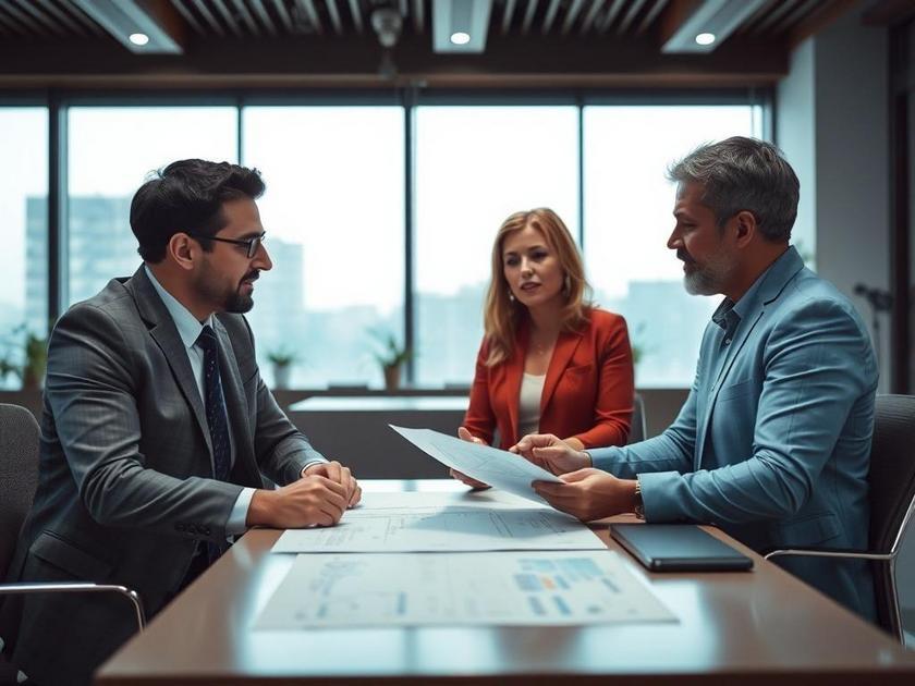 Casal diversificado revisando documentação para compra de imóvel em escritório moderno.