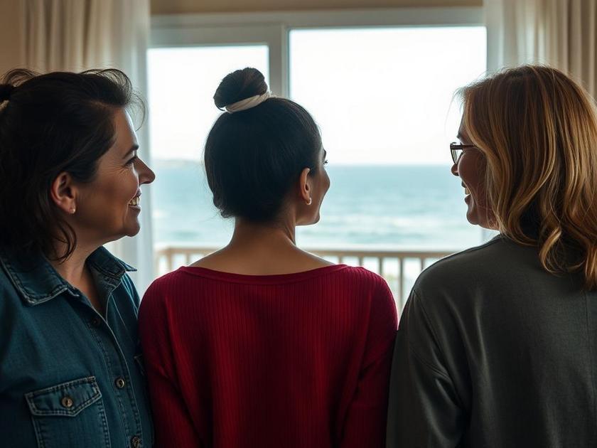 Corretor de imóveis ajudando família diversificada a escolher imóvel em São Pedro da Aldeia com vista para o mar.