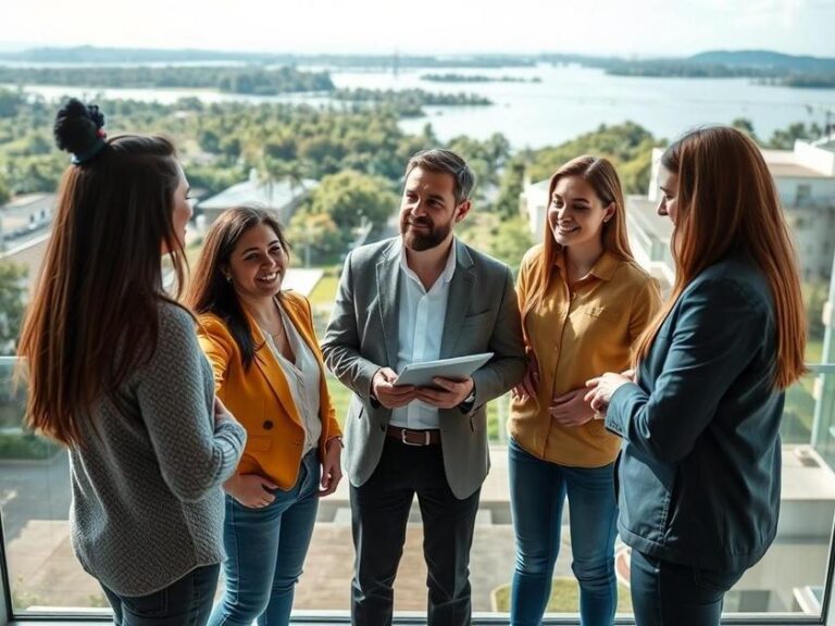 Grupo diversificado de compradores e advogado inspecionando imóvel moderno em área residencial de São Pedro da Aldeia.