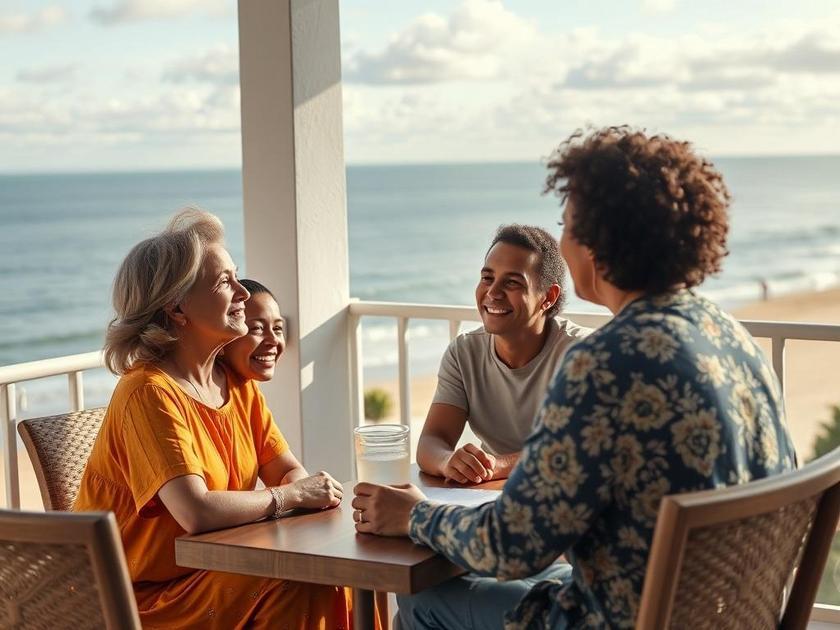Família diversificada visitando imóvel à beira da praia em São Pedro da Aldeia, com vista para o mar.