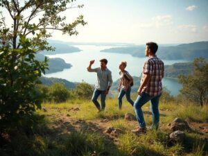 Casal jovem de etnias diversas explorando terreno para construção de casa em São Pedro da Aldeia com vista para o lago.