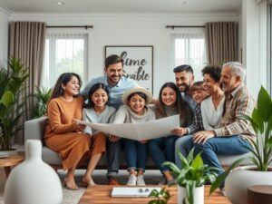 Família multigeneracional discutindo a compra de um imóvel em uma sala de estar moderna e aconchegante.