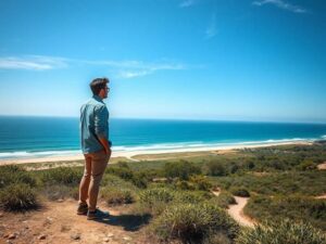 Comprador de imóvel visitando terreno em São Pedro da Aldeia com vista para a praia e vegetação.