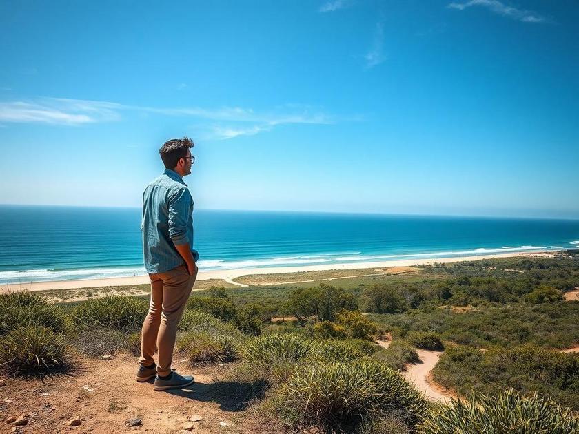 Comprador de imóvel visitando terreno em São Pedro da Aldeia com vista para a praia e vegetação.