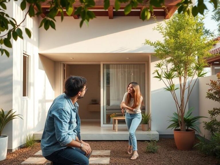 Casal diverso visitando imóvel em bairro residencial com jardim, entusiasmados com a escolha.