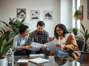 Casal jovem de etnias diversas examinando documentos em um escritório acolhedor para escolher imóvel em São Pedro da Aldeia