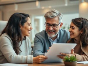 Família diversa consultando corretor de imóveis em escritório moderno sobre compra de imóvel em São Pedro da Aldeia.