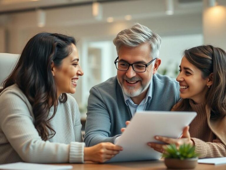 Família diversa consultando corretor de imóveis em escritório moderno sobre compra de imóvel em São Pedro da Aldeia.