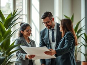 Jovem casal consultando agente imobiliário em um escritório elegante, refletindo confiança na compra de imóvel em São Pedro da Aldeia.