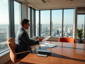 Profissional de advocacia orientando casal sobre investimento imobiliário em escritório moderno com vistas urbanas.