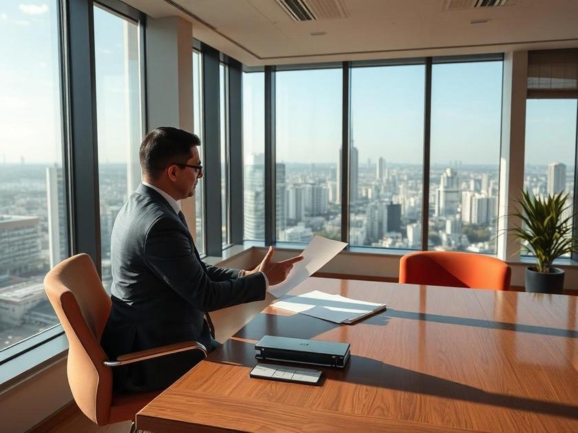 Profissional de advocacia orientando casal sobre investimento imobiliário em escritório moderno com vistas urbanas.