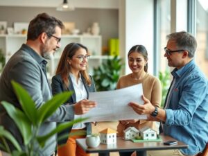 Família diversificada discutindo opções de imóveis com consultor imobiliário na Região dos Lagos.