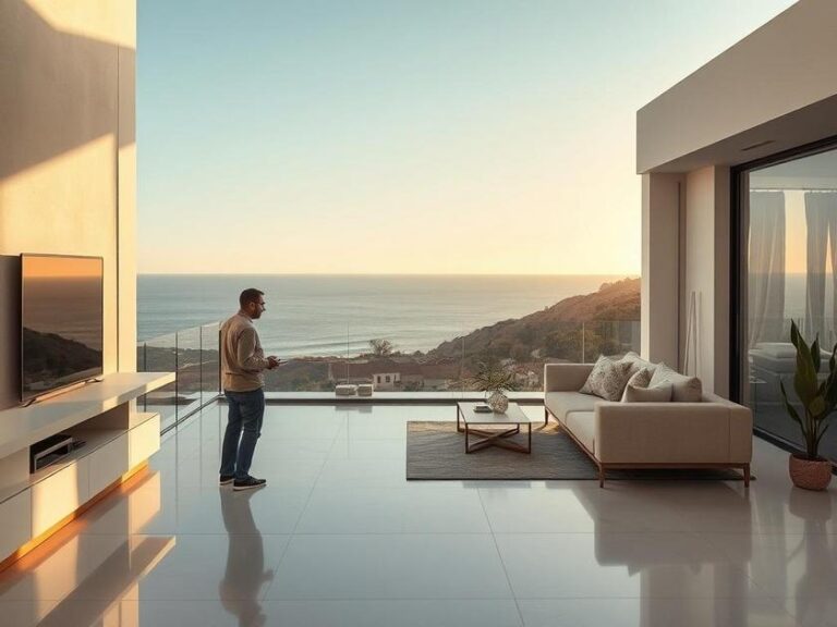 Casal diversificado visitando imóvel moderno em São Pedro da Aldeia, com vista para o mar.