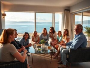 Família diversificada visitando imóvel em São Pedro da Aldeia, apreciando vista à beira-mar.