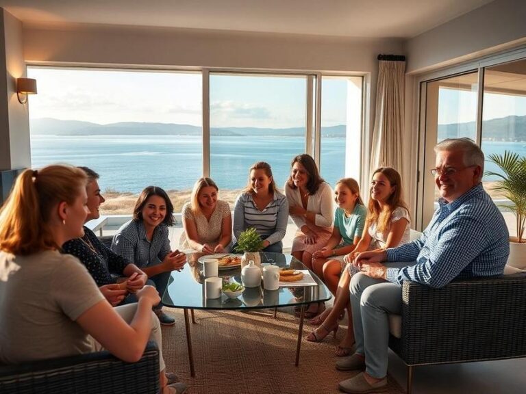 Família diversificada visitando imóvel em São Pedro da Aldeia, apreciando vista à beira-mar.
