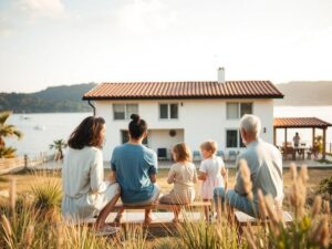 Família diversificada visitando imóvel à beira da lagoa em São Pedro da Aldeia, transmitindo empolgação na compra.