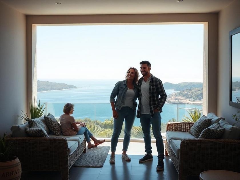 Casal diverso visitando imóvel à beira-mar em São Pedro da Aldeia, com vista para o lago.