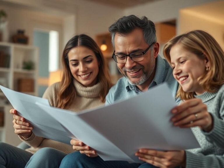 Família diversificada revisando documentos em sala de estar iluminada enquanto consideram a compra de imóvel em São Pedro da Aldeia.
