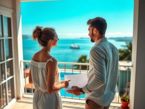 Casal jovem recebendo orientações sobre compra de imóvel em varanda com vista para o mar em São Pedro da Aldeia.