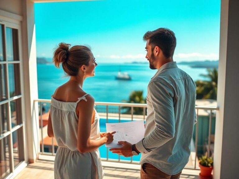 Casal jovem recebendo orientações sobre compra de imóvel em varanda com vista para o mar em São Pedro da Aldeia.