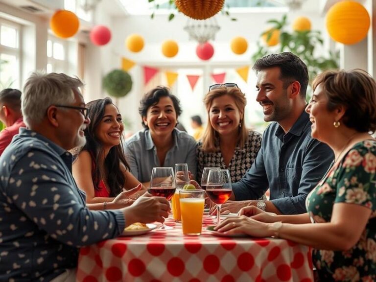 Vizinhos se reunindo em evento comunitário no condomínio Brisas, ilustrando amizade e convivência.