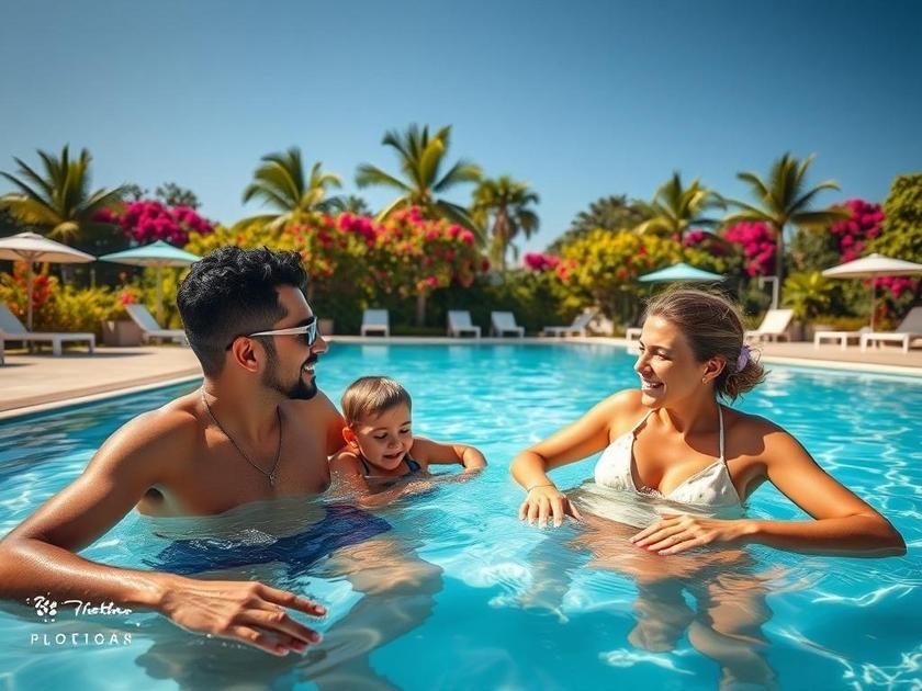 Família relaxando em área de lazer do Brisas, destacando conforto no verão na Região dos Lagos.