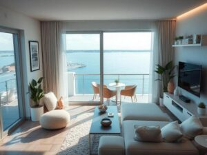 Jovem casal feliz explorando planta de apartamento no Brisas da Lagoa, enfatizando conforto e funcionalidade.