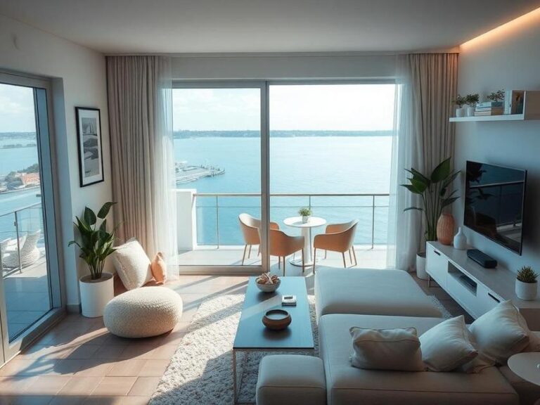 Jovem casal feliz explorando planta de apartamento no Brisas da Lagoa, enfatizando conforto e funcionalidade.