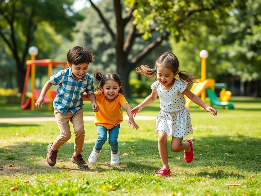 Crianças brincando em um parque, explorando o equilíbrio entre lazer e estudos