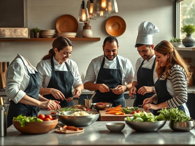 Culinária Local: Integrando com o Espaço Gourmet, chefs e famílias em atividade colaborativa em uma cozinha gourmet moderna.