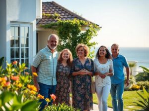 Família diversa visitando uma casa à venda em São Pedro da Aldeia, com vista para o mar em jardim florido.