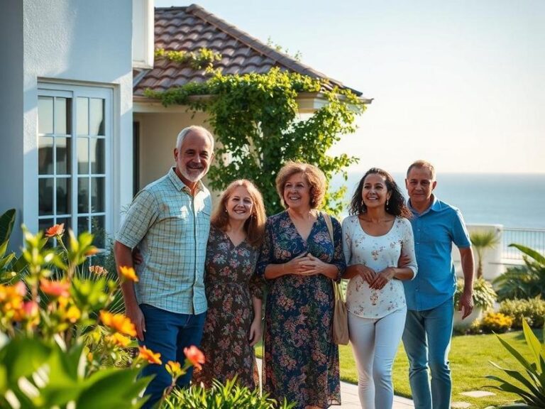 Família diversa visitando uma casa à venda em São Pedro da Aldeia, com vista para o mar em jardim florido.