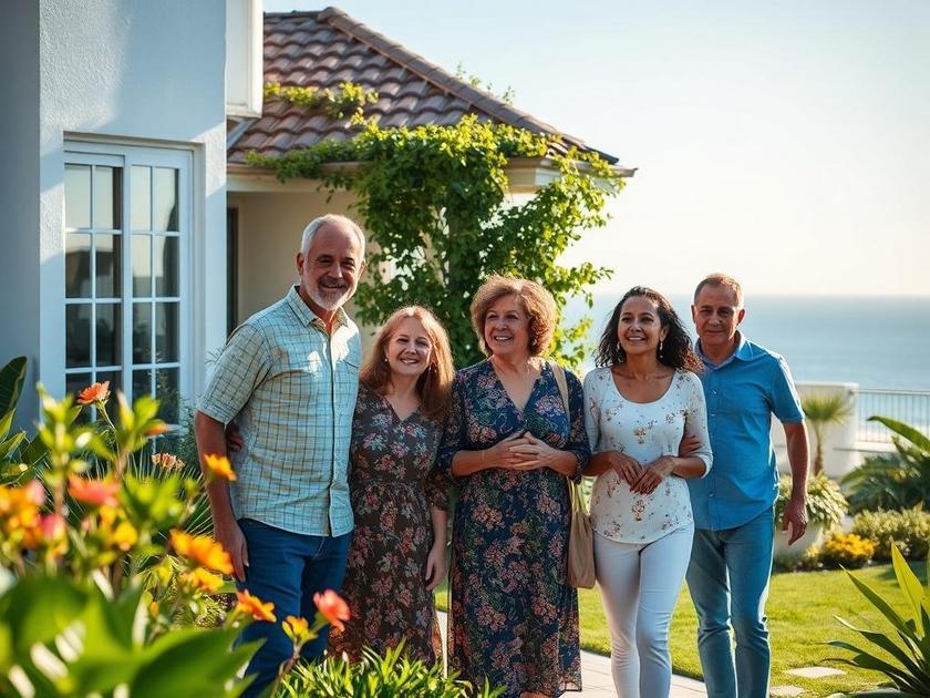 Família diversa visitando uma casa à venda em São Pedro da Aldeia, com vista para o mar em jardim florido.