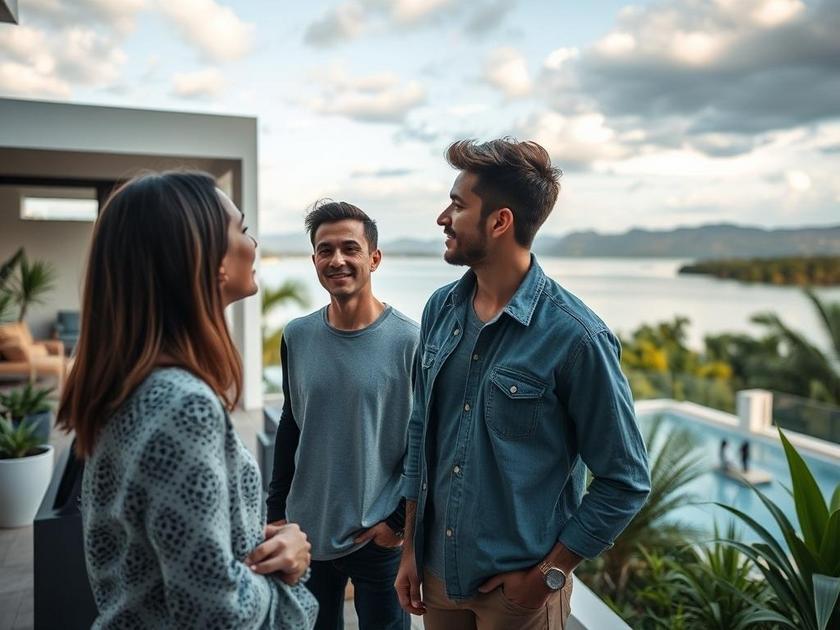Casal jovem visitando imóvel moderno à beira da lagoa em São Pedro da Aldeia.