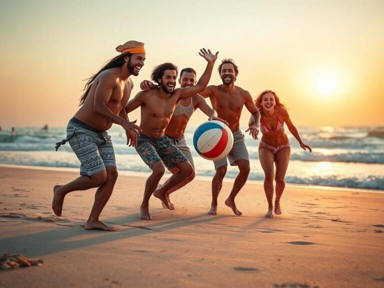 Grupo diversificado de amigos jogando vôlei na praia ao pôr do sol, representando Dias de Verão: Dicas para Aproveitar o Lazer Completo