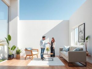 Casal diversificado em escritório imobiliário, simbolizando segurança na compra de imóveis em São Pedro da Aldeia.