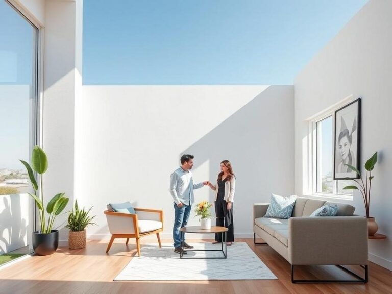 Casal diversificado em escritório imobiliário, simbolizando segurança na compra de imóveis em São Pedro da Aldeia.