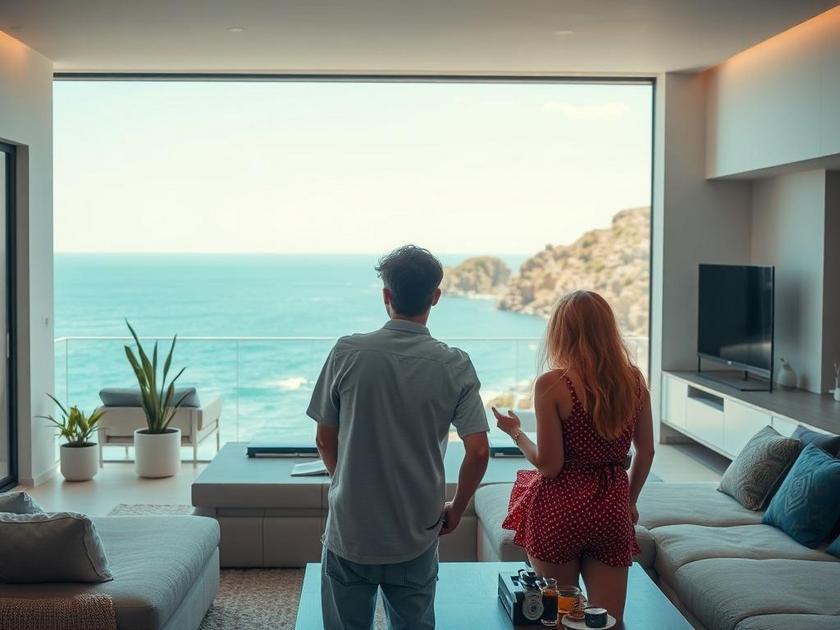 Casal diversificado visitando imóvel moderno à beira-mar com vista para o mar em São Pedro da Aldeia.