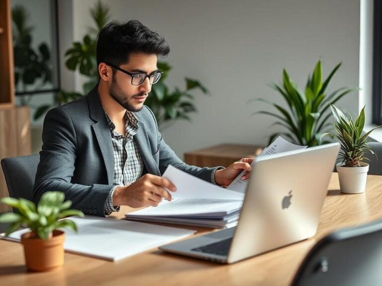 Casal jovem diversificado revisando documentos em escritório moderno durante a compra de imóvel.