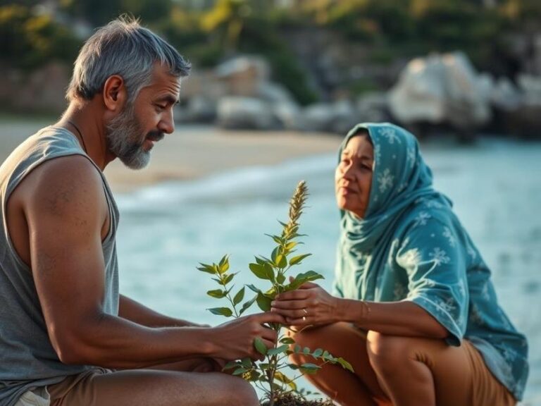 Casal diversificado examinando planta de imóvel à beira-mar em um ambiente tranquilo de praia.