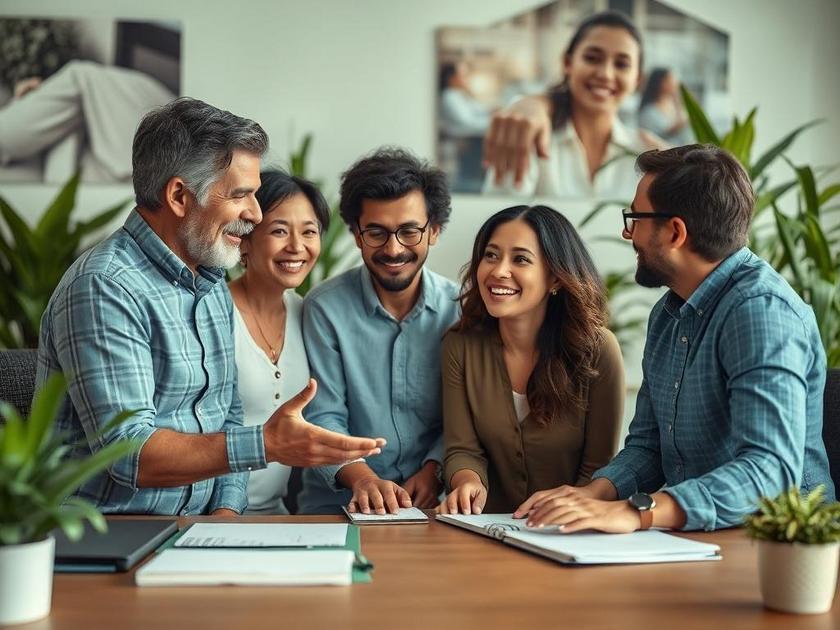 Família diversa discutindo opções de imóveis em escritório de corretor, buscando comprar na Região dos Lagos.